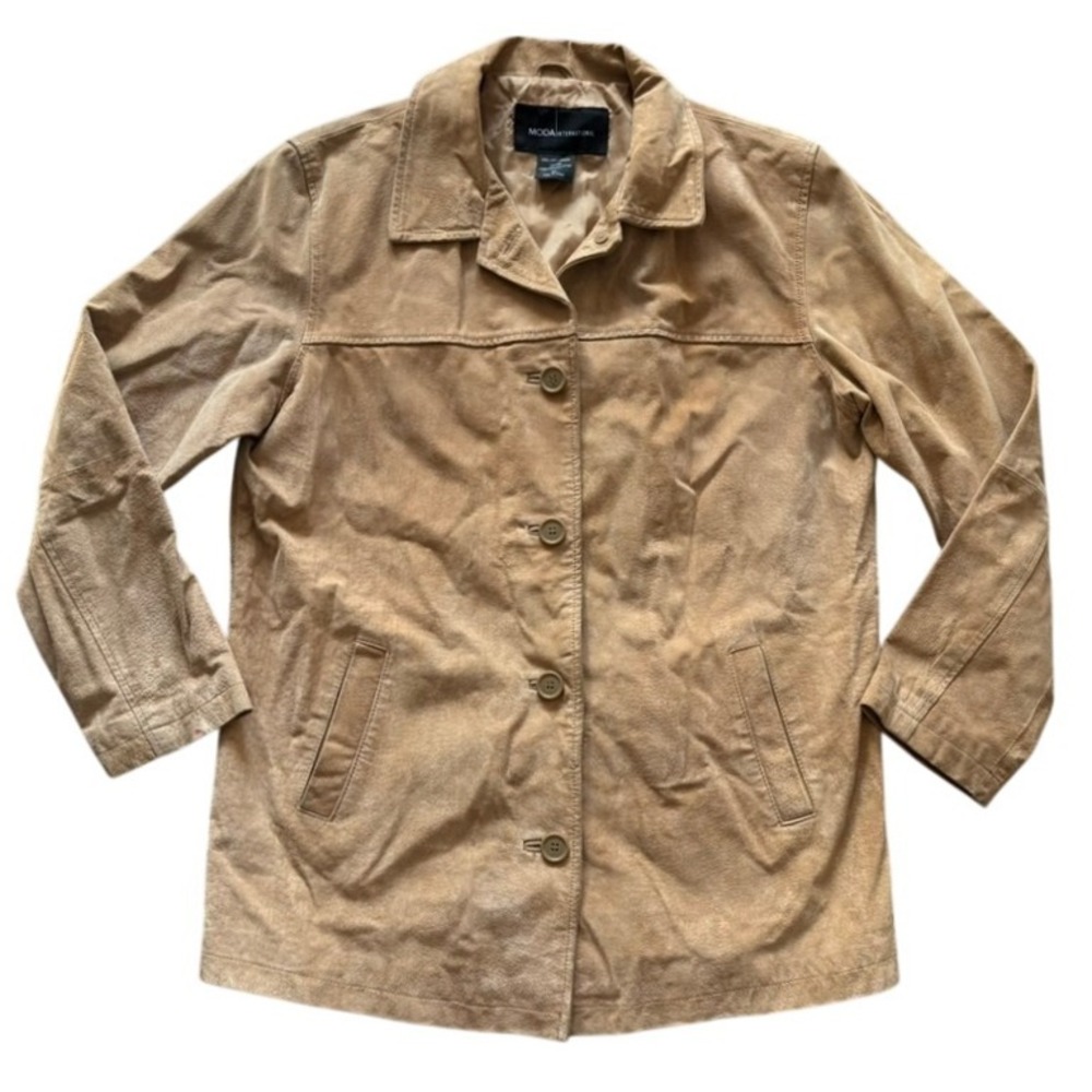 Vintage Moda International Genuine Leather Suede Jacket Sz M Tan Classic y2k